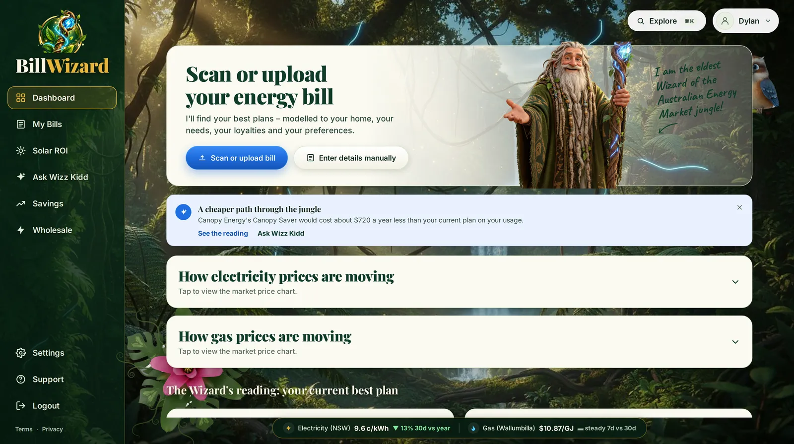 The BillWizard dashboard: scan or upload your energy bill, a cheaper path through the jungle worth about $720 a year, and the electricity and gas price trackers.