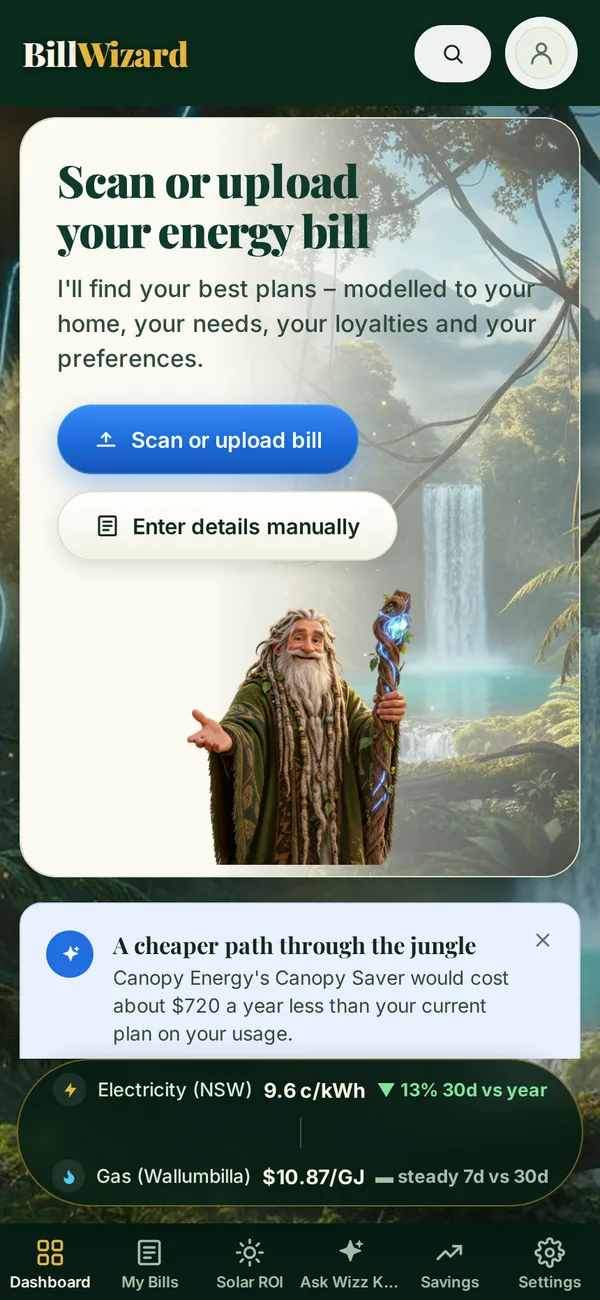 The BillWizard dashboard on a phone: scan or upload your energy bill, with the Wizard.