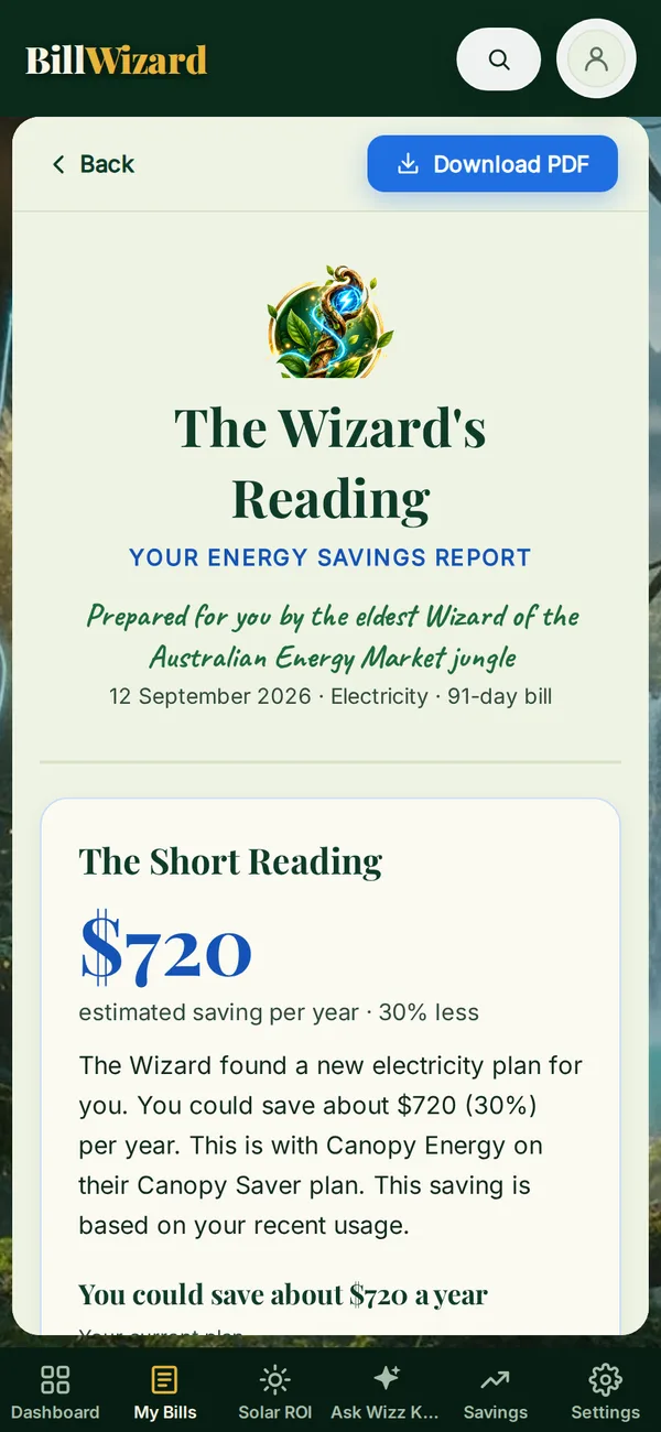 The Wizard's Reading on a phone: an estimated saving of $720 a year with the recommended plan.