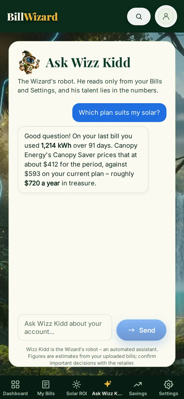 Ask Wizz Kidd on a phone: a question about solar and the answer, worked from the bill.